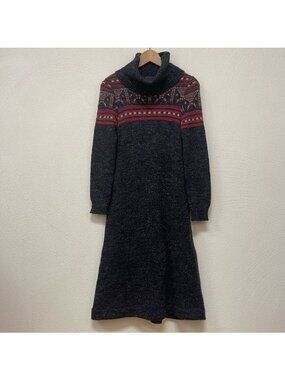 Vivienne Women's Geometric Sweater Dress Turtleneck Long Sleeve Black Red Sz XS